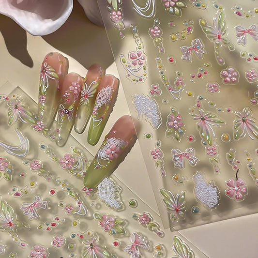 Spring Butterfly Nail Art Stickers Shiny Laser Flowers Butterflies Bow Design Nail Stickers 3D Self Adhesive Pink Green Cute Little Floral Nail Decals for Women Spring DIY Manicure 1Pcs
