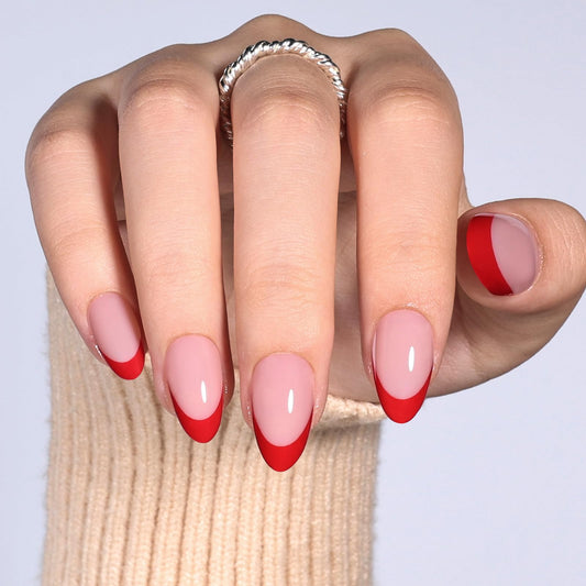 Red French Tip Press On Nails - Short Almond Fake Nails, Reusable Fake Nails with Glue, French Tip Design for Women 32 Pieces 16 Sizes