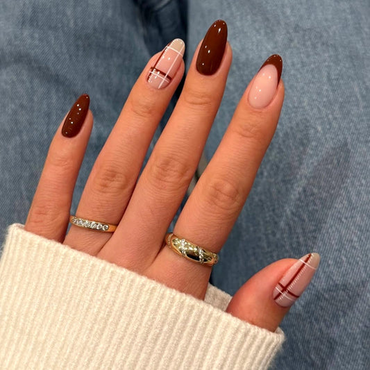 Mivota Almond Press On Nails Long Soft Gel Brown Plaid Fake Nails for Women, 24PCS Reusable Glossy Nude Brown False Nails with Glue, Trendy Checkered Design Stick On Nail Tips for DIY Salon Manicure