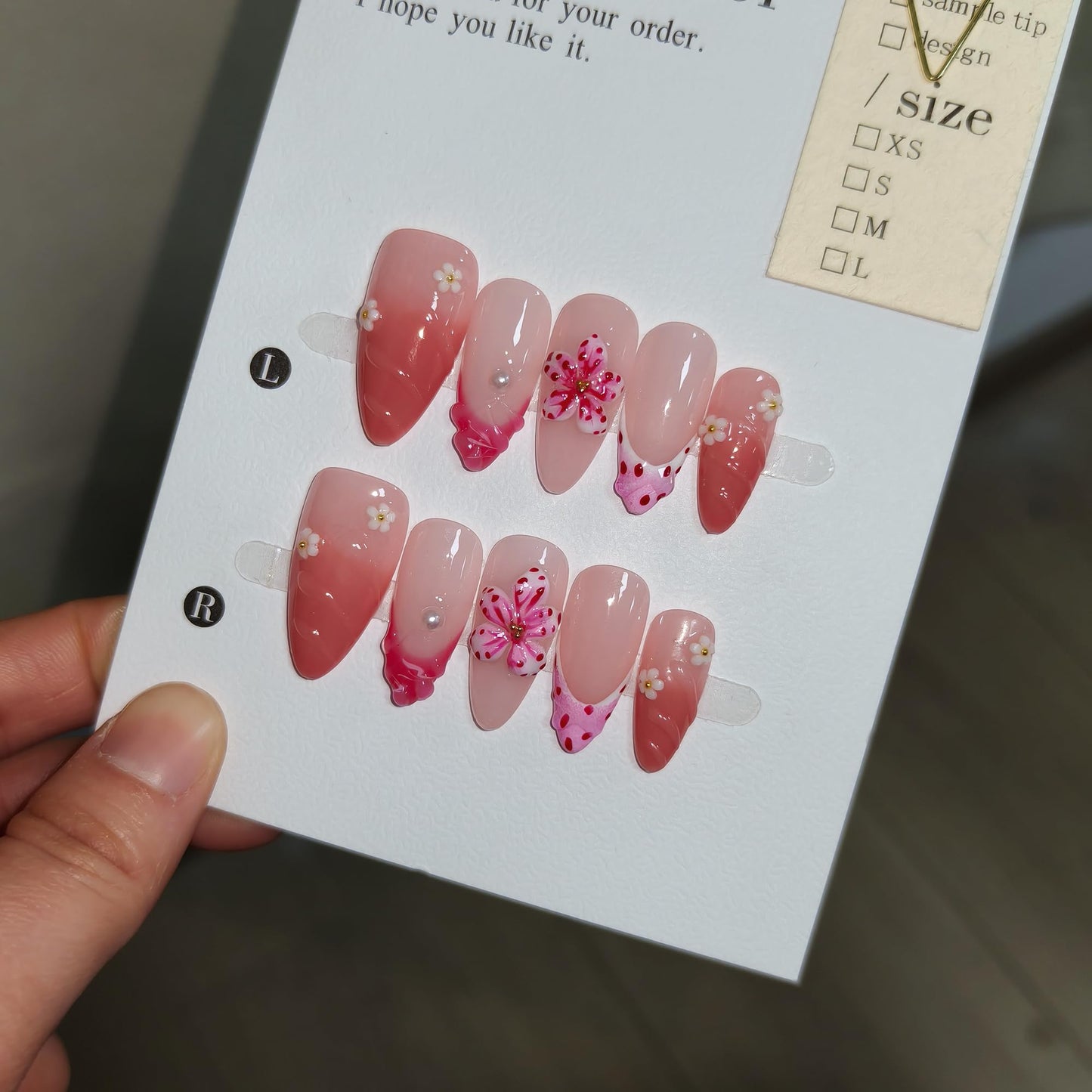TENPAL Almond Press on Nails - Pink French Ombre & 3D Texture with Polka Dot & Wave Carving, Reusable & Handmade False Nails for Spring Summer | Sweet Watercolor Style(XS)