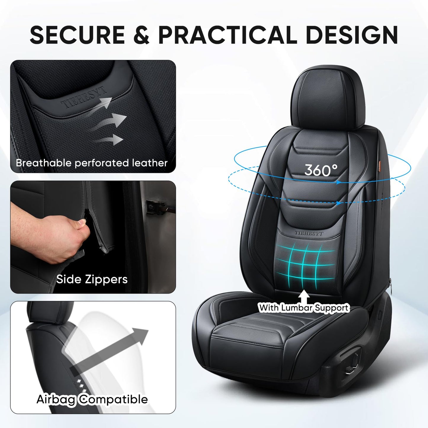TIEHESYT Black Car Seat Covers Full Set, Breathable Leather Automotive Front and Rear Seat Covers with Headrest, Waterproof Auto Seat Protectors Fit for Most Sedans SUV Pick-up Truck