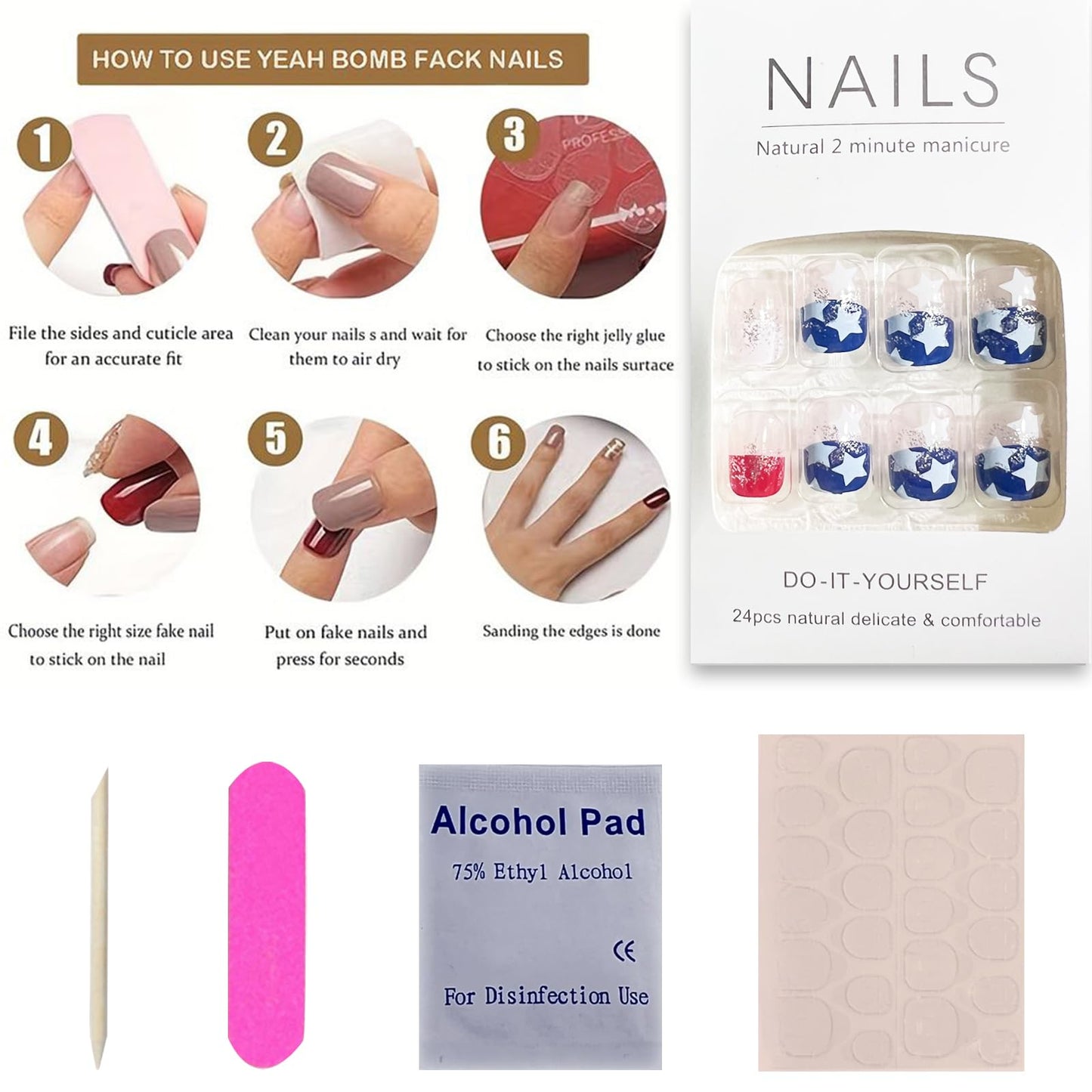 4th of July Blue Press on Nails Short Square Independence Day Fake Nails blue white stars Glitter Nails Design Full Cover Stick on Nails Patriotic Artificial Nails for Women DIY Manicure 24pcs