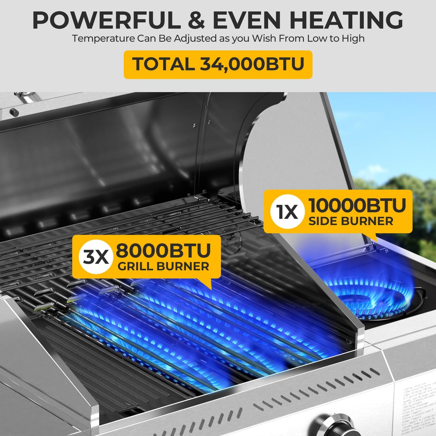34,000 BTU 3-Burner Propane Gas Grill with Side Burner, All Stainless Steel BBQ Grill, Cast Iron Grates & Portable Cart with Wheels，Outdoor Barbecue Grill for Backyard, Patio, Camping
