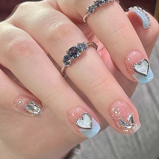 Hkanlre Square Press on Nails Short Pink Crystal Fake Nails Heart Tips Full Cover False Nails for Women and Girls 24PCS