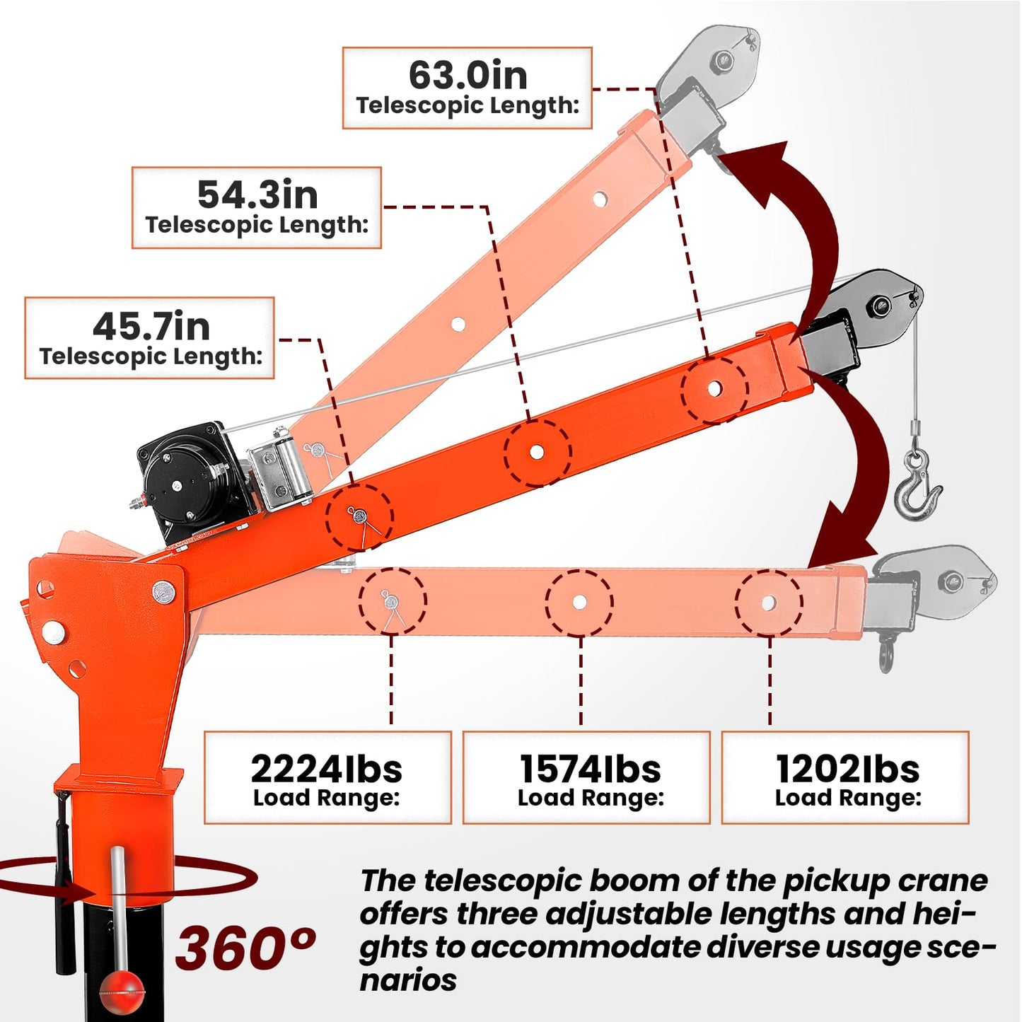 DEFNES 5000LBS Truck Bed Crane, 4000LBS 12V Electric Winch, Painted Alloy Steel Pickup Truck Jib Crane 360° Swivel Lift Electric Hoist, 3 Adjustable Loads & Heights, Truck Crane for Vans(4000LBS V2)