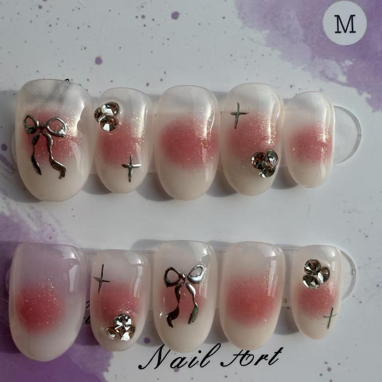 Handmade Wearing Armor Light Pink High end Style Atmosphere Bow Three dimensional Short Relief Nail Patch Medium Size