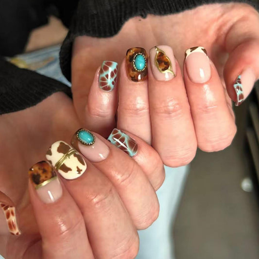 octoswave Short Square Press on Nails Western Cow Print Tortoise Shell False Nails with Turquoise Rhinestones Stick on Artificial Acrylic Manicure for Women DIY Manicure and Party 24Pcs
