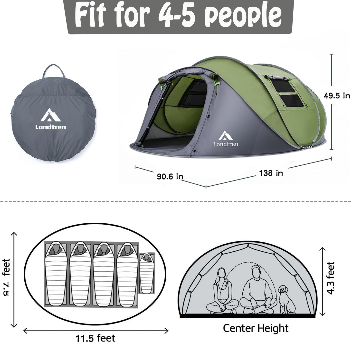 4-5 Person Easy Pop Up Tent Waterproof Automatic Setup 2 Doors-Instant Family Tents for Camping Hiking & Traveling