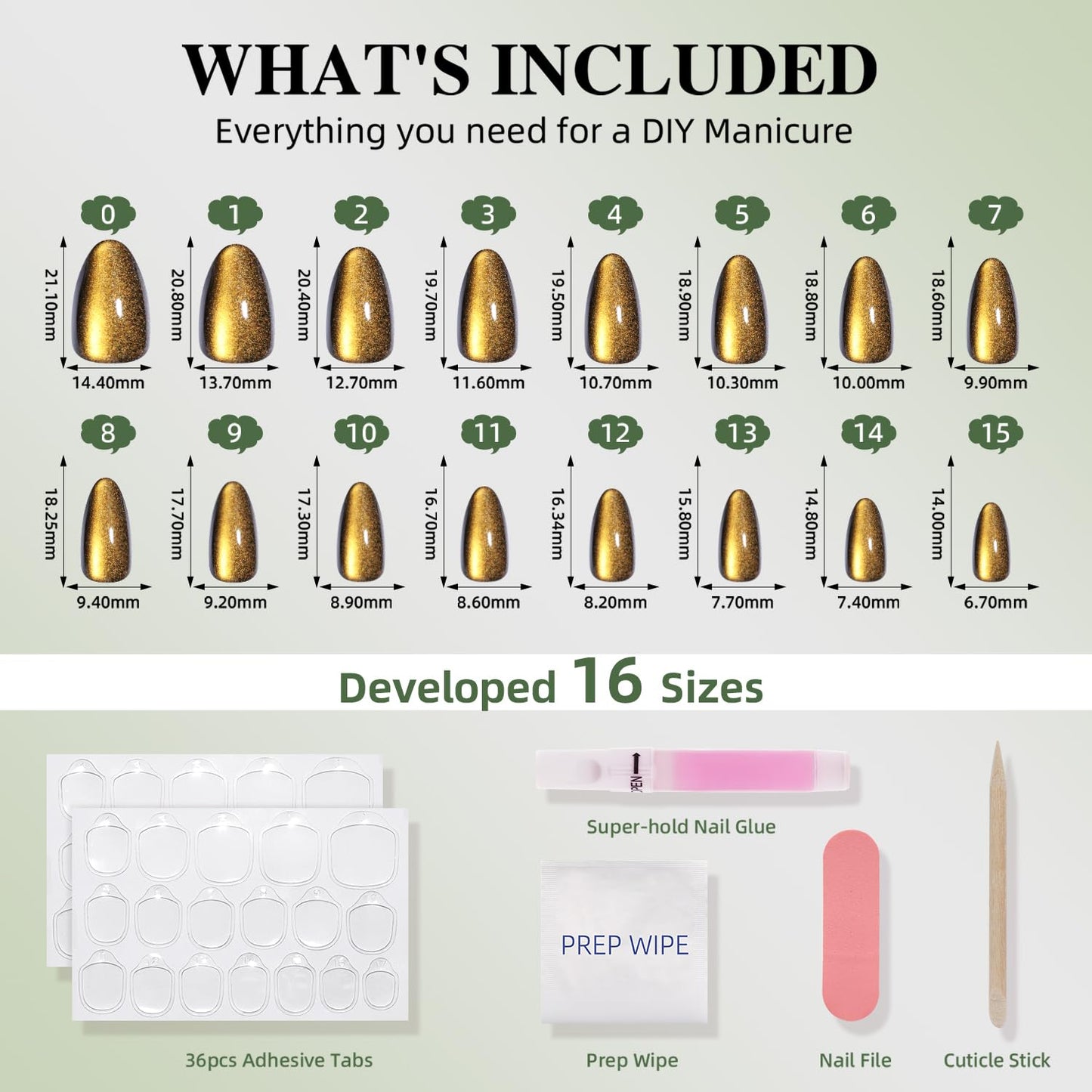 Gold Cat Eye Press On Nails - Gold Short Almond Fake Nails, Cateye Press On Nails Reusable Stick On Nails in 16 Sizes, 32pcs False Nail Kit for Women & Girls (Golden Cat Eye)
