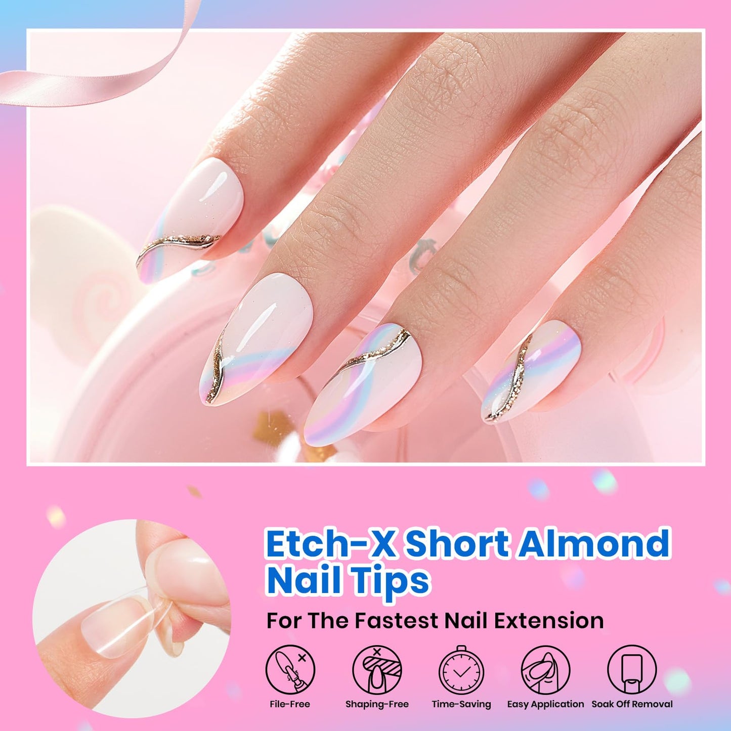 Beetles Soft Gel Nail Tips Short Almond 288pcs in 12 Sizes, Etch-X Pre-Etched Full Cover Acrylic Fake Nails Art, Salon Quality Nail Supplies, Easy DIY Nail Extension or Press On Nails, Gift for Women
