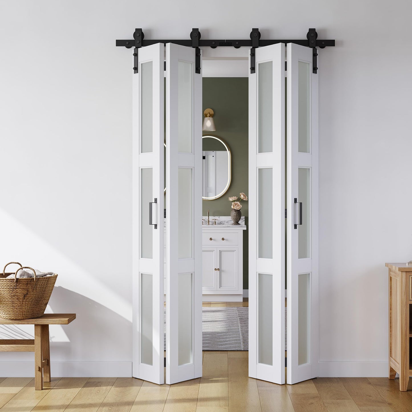 SMARTSTANDARD 48in x 84in Bifold Barn Door, Frosted Glass Barn Door with Hardware Kit Included, Pre-Drilled Holes Easy Assembly -Solid Barn Doors Slab Covered with Water-Proof PVC Surface, White