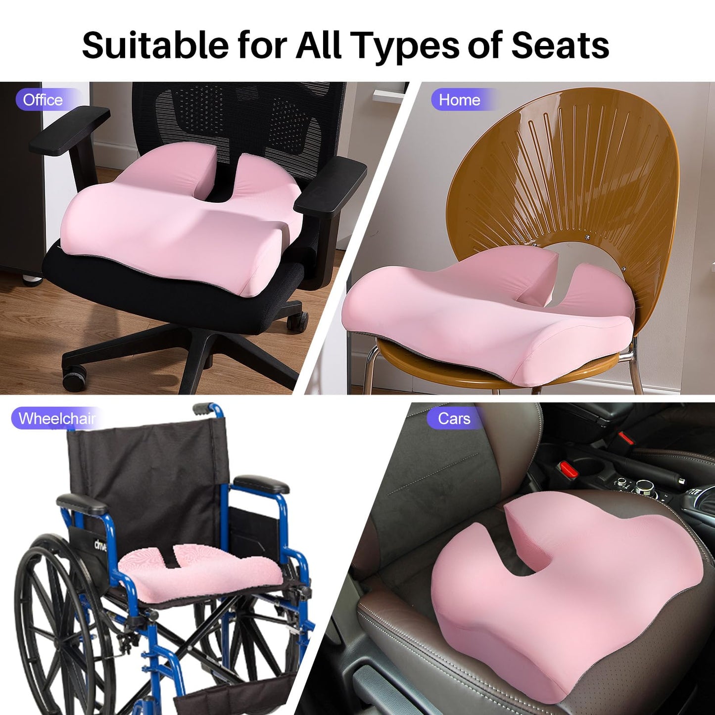 Seat Cushion for Office Chair, Large Thick Seat Cushion for Tailbone Pain Relief, Sciatica & Back Support, Memory Foam Office Chair Cushion for Long Sitting, Coccyx Cushion for Car, Wheelchair (Pink)