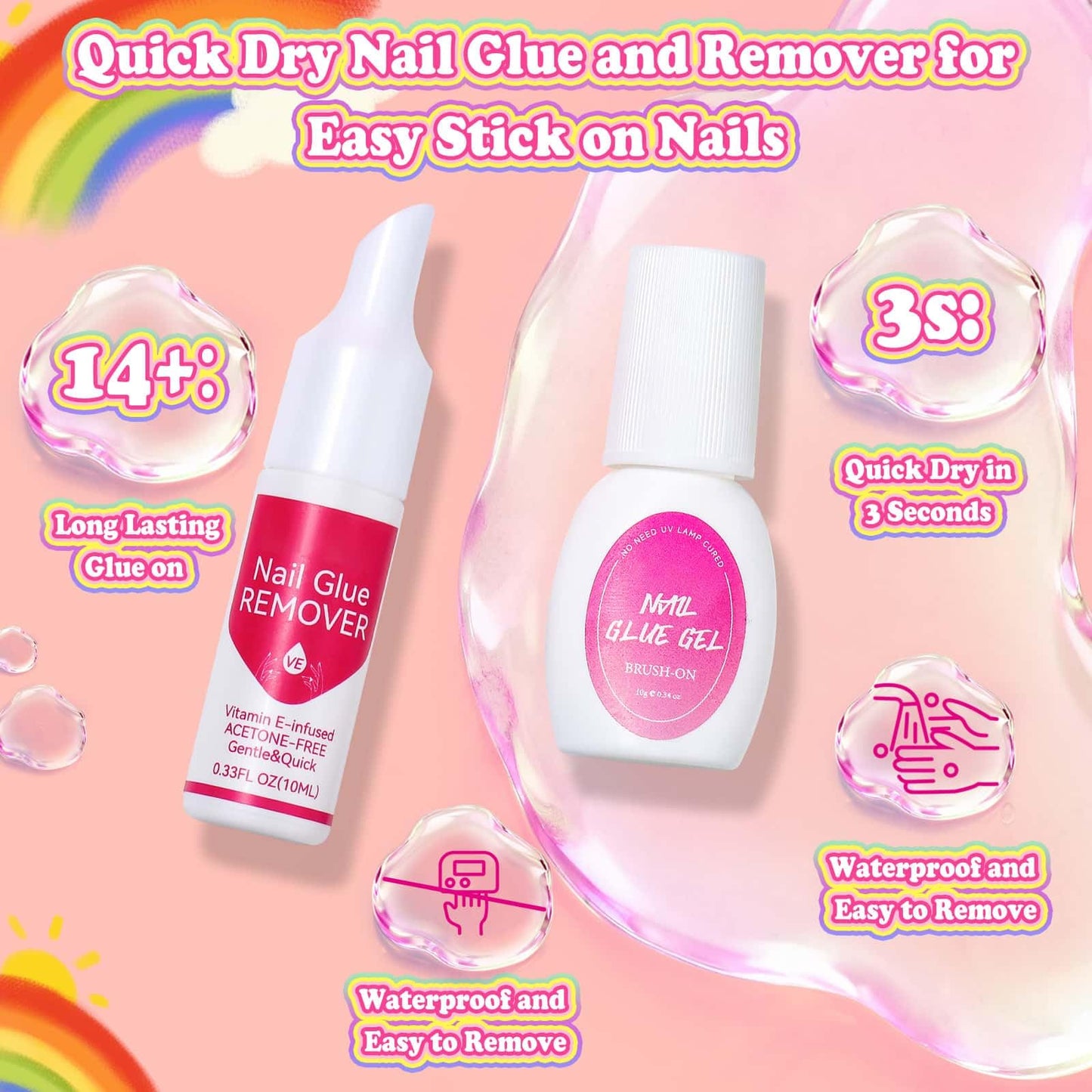 576 Pcs Kids Nails and Glue, Girls Press ons Nail Art Kit with Storage Case, Fake Nails Adhesive, Remover, Rainbow Nail File, Cute Stuff Girls Gift for Kids Age 8-12