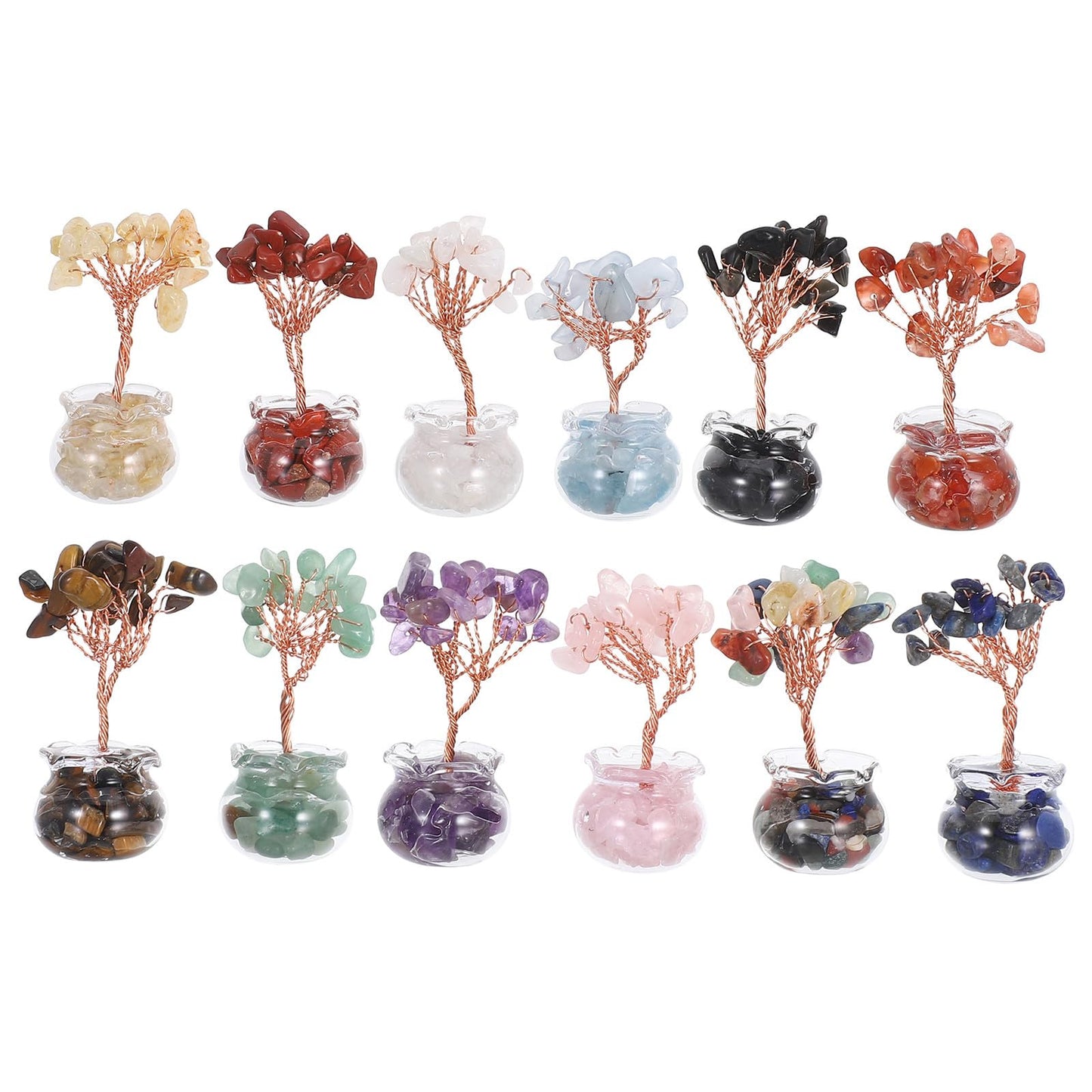 CALLARON 12Pcs Mini Crystal Money Tree Set, Miniature Bonsai Ornament with Crystal Stones, Chinese Lucky Wealth Tree Desktop Decoration | Home Office Decor, New Year, Tabletop Display