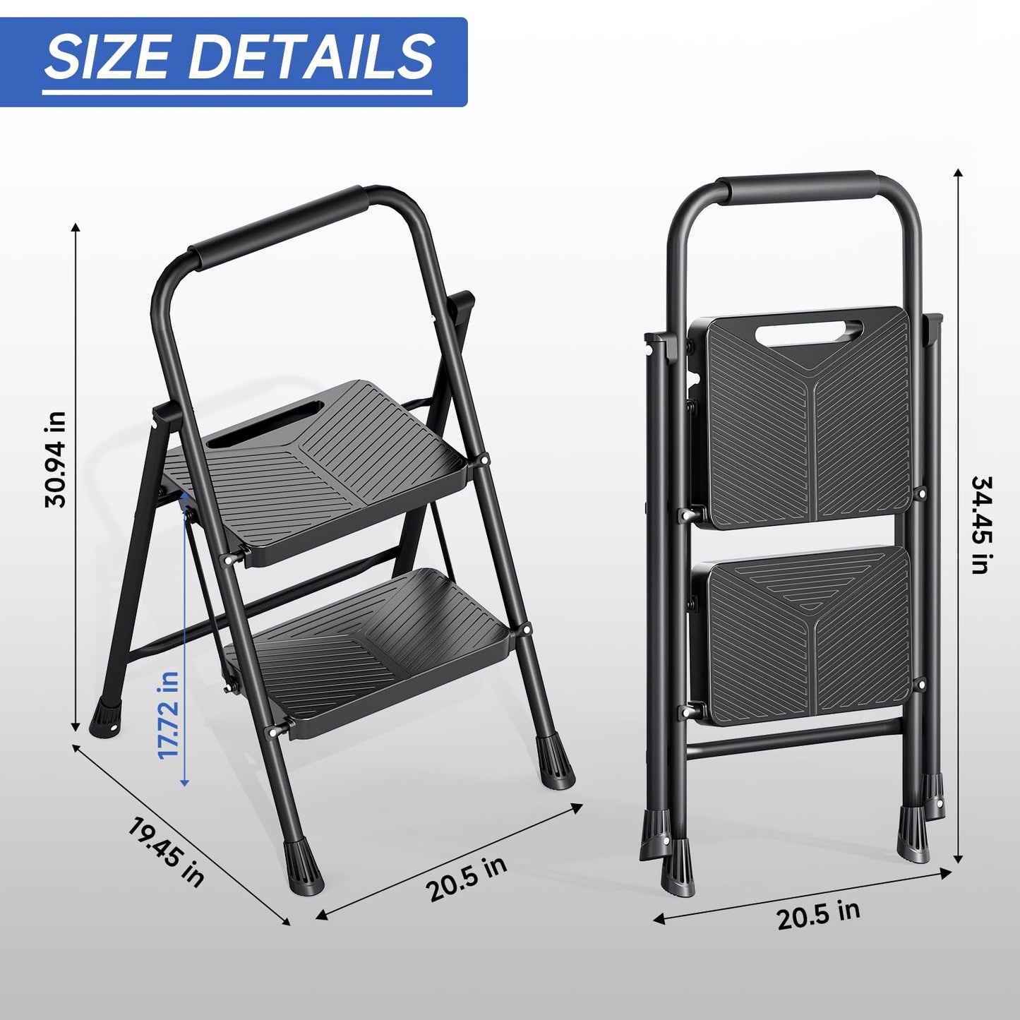 KINGRACK 2 Step Ladder, Folding Step Stool with Handrail, Safe-Lock Design and Wide Anti-Slip Pedals, 500 lbs Capacity Sturdy Steel Ladder for Home and Kitchen, Black