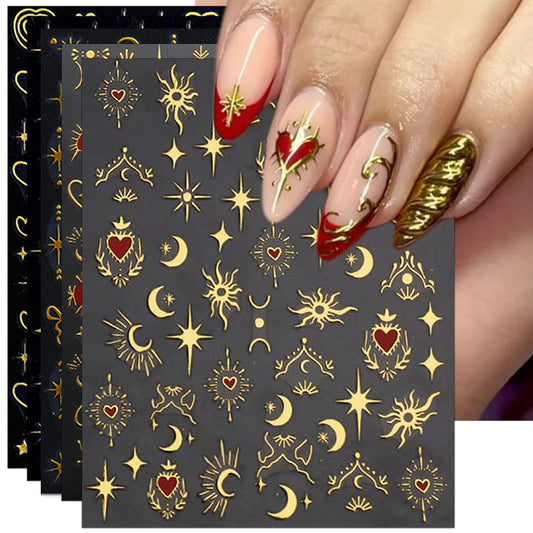 IDDFEVE Gold Heart Nail Art Stickers - Valentines Day Star Self-Adhesive 3D Nail Decals for DIY Golden Manicure (6 Sheets)