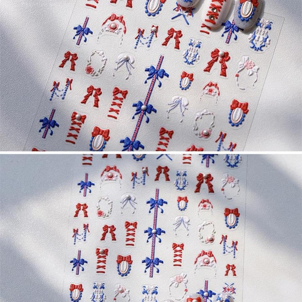 Cartoon Red Blue Bow Nail Stickers with 5D Embossed Pearl Design Irregular Frames Nail Art Stickers 3D Self-Adhesive Spring Nail Decals Summer Nail Manicure Accessories for Women Girls 1 Sheet