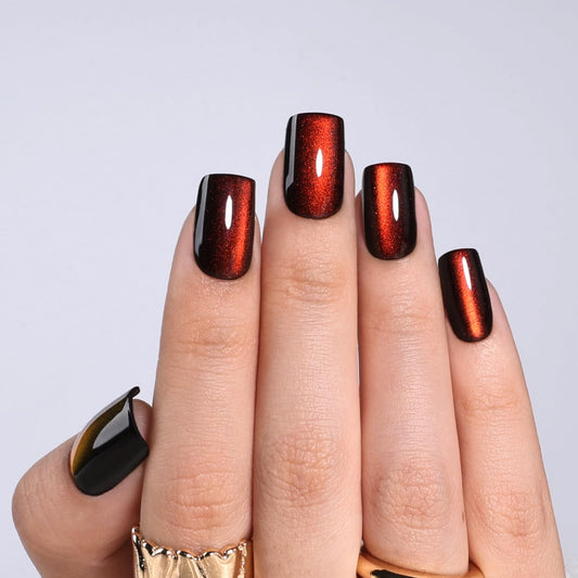 Red Brown Cat Eye Press On Nails - Short Square Cat Eye Nails Press Ons for Women Fake Nails with Glue, Glossy Reusable Glue on Nail in 16 Sizes - 32pcs