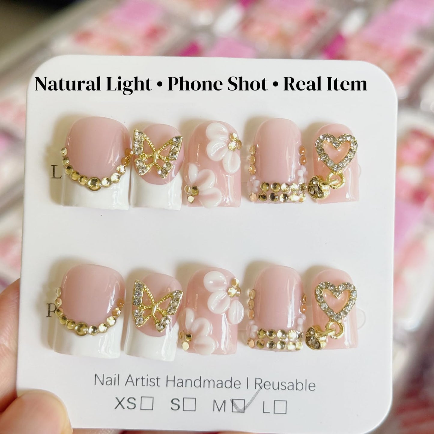 Haozerart Handmade Short Square Press On Nails, Duck Shape Fake Nails, White French Style with Luxury Golden Butterfly & Rhinestones, Reusable Nails Kit, 10Pcs Medium Size for Women