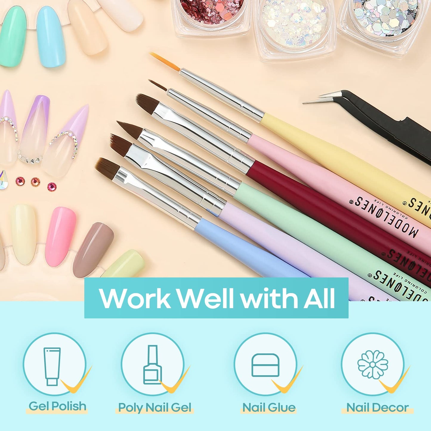 modelones Gel UV LED Nail Lamp with UV Gloves and Nail Art Brushes Set, Nail Art Design Pen Painting Tools with Nail Extension Gel Brush, Nail Art Liner Brush and Nail Dotting Pen for Gel Polish Mani