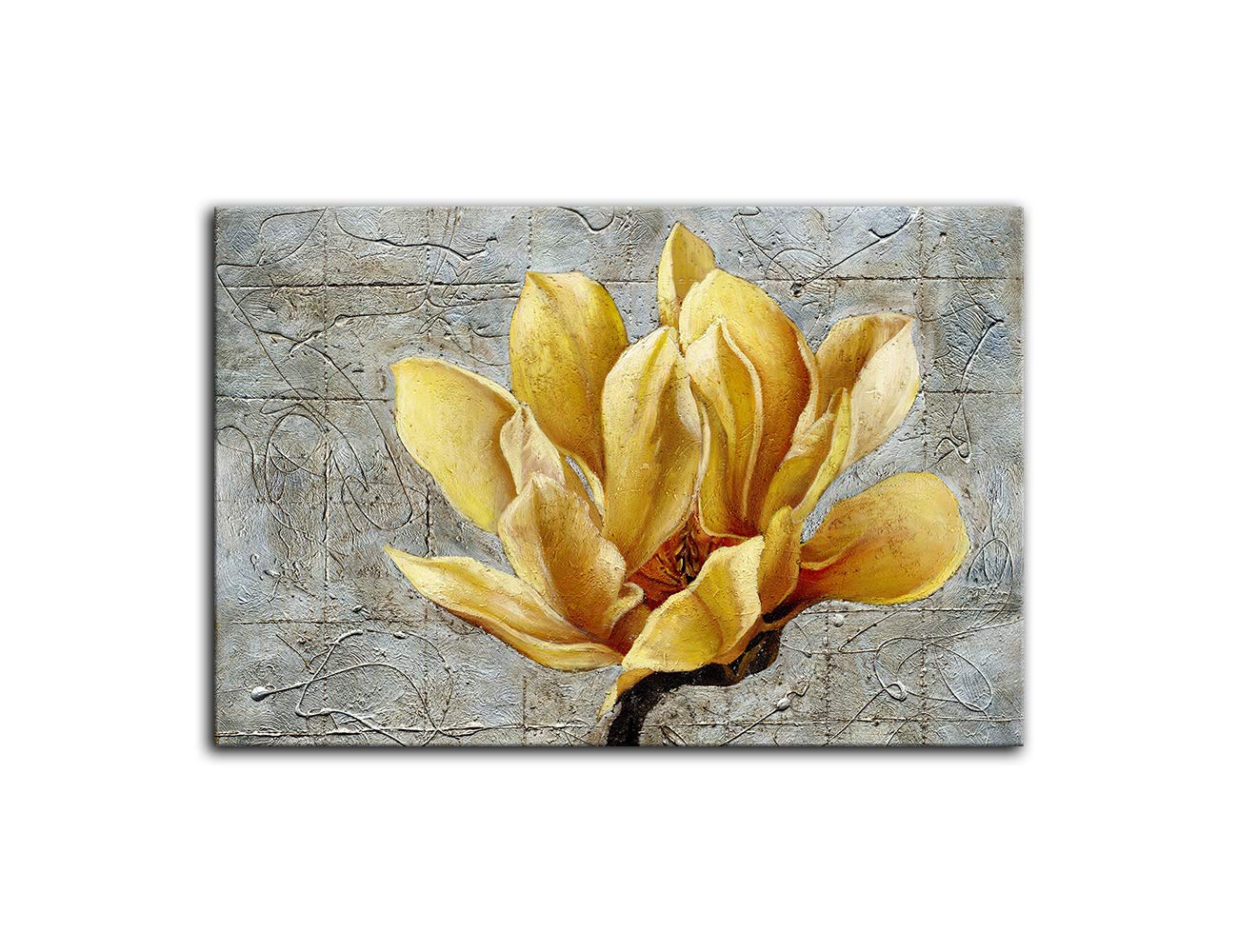 Urttiiyy Yellow Grey Flower Wall Art Abstract Gray Background Print on Canvas Home Decor Decal Pictures Poster for Bedroom Living Room Printed Painting Gifts Framed Ready to Hang - 36''x24''