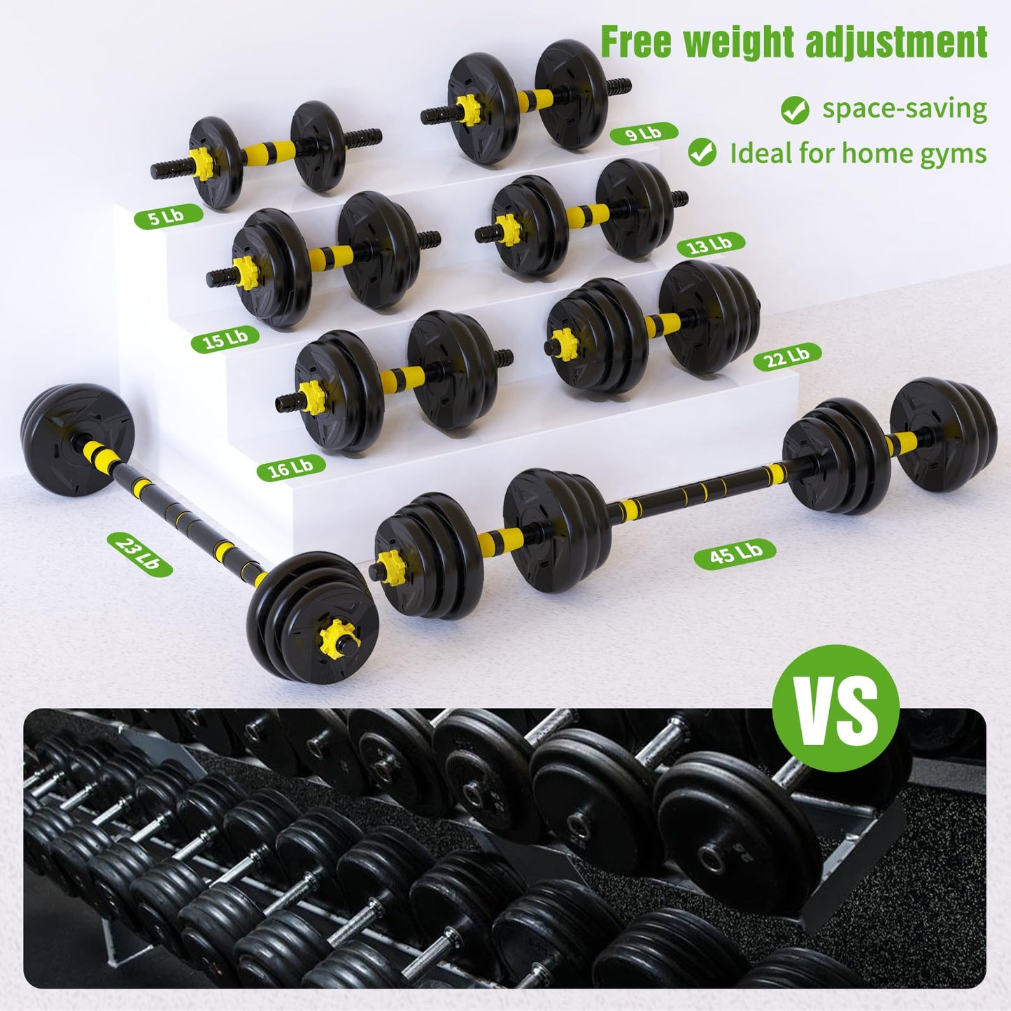 Adjustable Dumbbell Set, 66 lb Free Weight Dumbbell Barbell Set with Connectors, Converts to Barbell, for Home Gym Exercise, Women's and Men's Fitness Gear