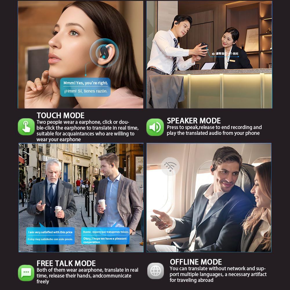 AI Translation Earbuds Real Time 144 Languages, LCD Touch Screen Open Ear Wireless Bluetooth Translator Earbuds, Audifonos Traductores Inglés Español, with APP Translating Device