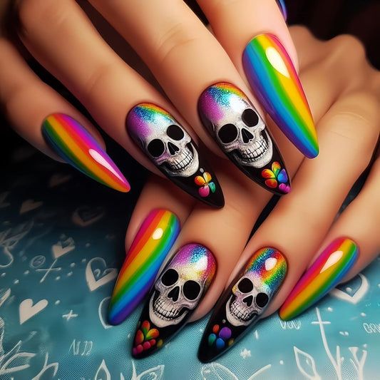 Almond Tip Skull Halloween Press on Nails Long Colorful Stripes Skull Design Halloween Nail Full Cover Glossy Artificial Acrylic False Nail French Tip Long Glue on Nails for Women Festival Decoration