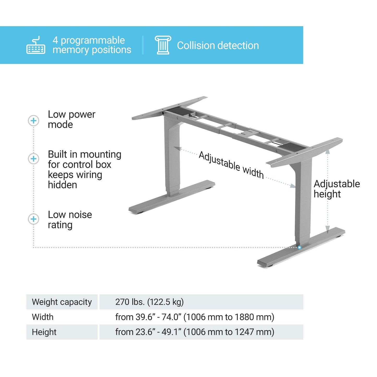 PROGRESSIVE AUTOMATIONS Standing Desk Frame Dual Motor. Adjustable Height and Width, 3 Stages Electric Legs for sit Stand desks. Suites Tops from 48" to 73" FLT-02 Grey