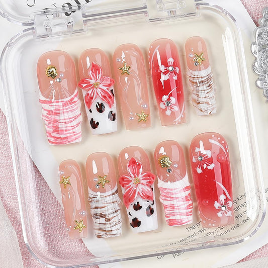 Pink Floral Beach Press On Nails – Handmade 3D Flower & Shell and Starfish Design, Long Coffin Shape Reusable Acrylic Full Cover Stick On Nails for Women Summer Vacation Nail Set
