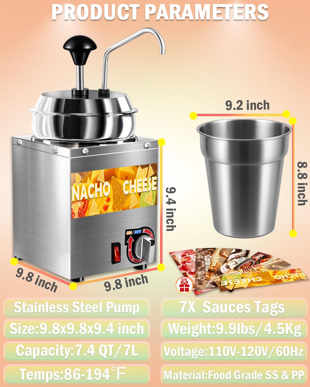 Nacho Cheese Dispenser, 7.4Qt Nacho Cheese Warmer with Stainless Steel Pump, Hot Fudge Warmer with 6-Level Temperature Adjustment, Commercial Sauce Dispenser Machine for Butter Cheese Caramel Syrup