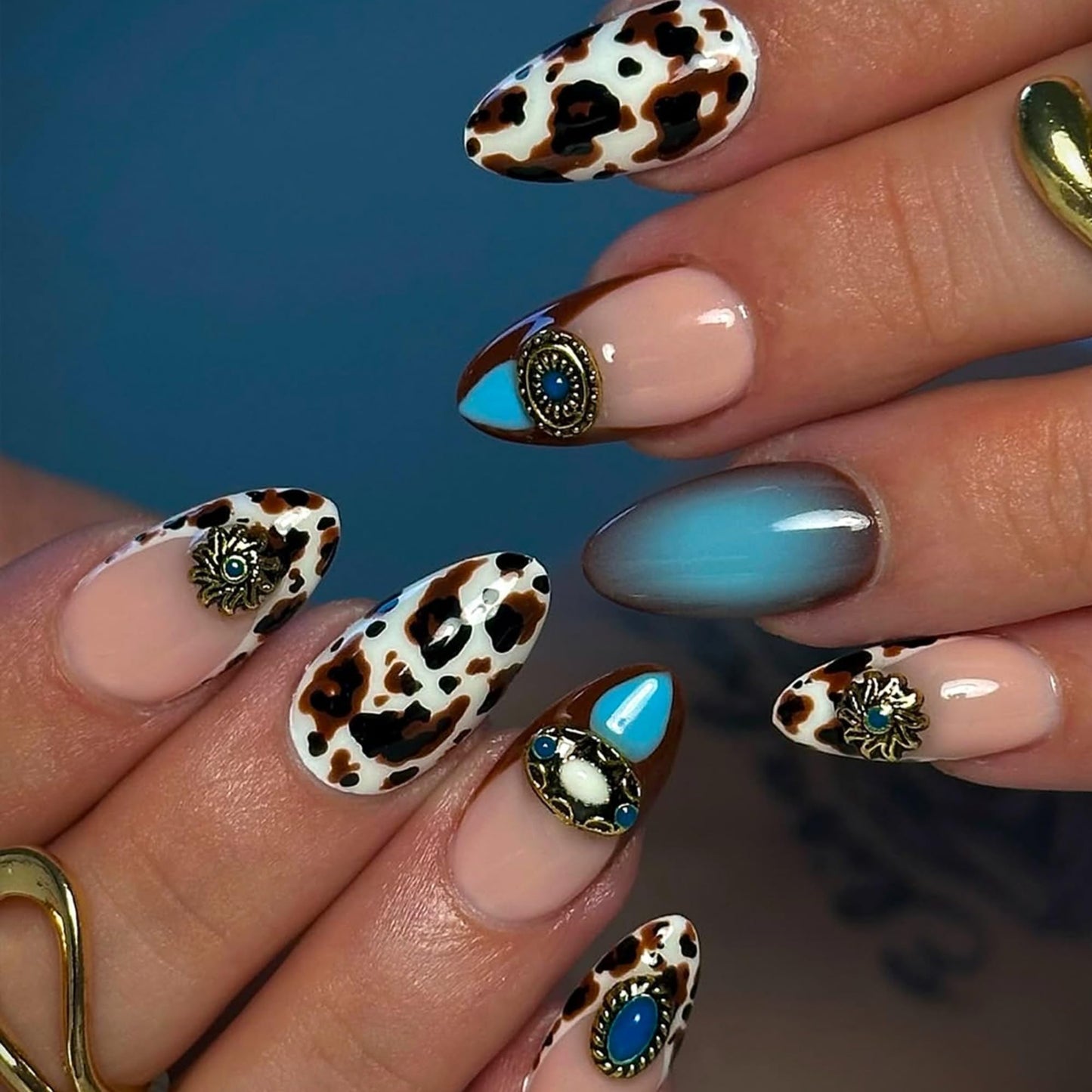 octoswave Press on Nails Long Almond, 24 Pcs Western Cowboy Brown Cow Print and Turquoise Design Fake Nails with Jelly Glue, Glossy French Nail Art for Daily Wear and Vacation, Reusable