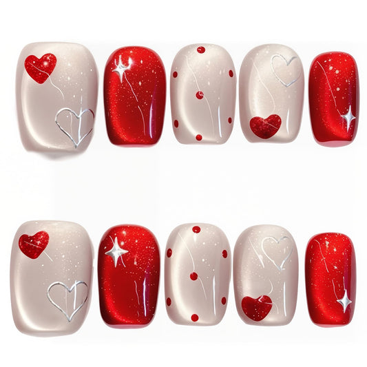 24Pcs Valentines Press on Nails Short Square Fake Nails with Designs Heart Acrylic Nails Glitter Valentine False Nails Red Glossy Full Cover Glue on Nails for Women Wedding Nail Decorations
