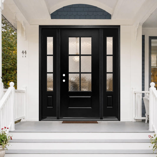 68x96in Fiberglass Front Door with 14in Sidelight, Black Exterior Entry Door for Home, Right-Hand Inswing, Textured Finished with Hammered Glass Knock-Down Door, Vinyl Frame and Brickmould Included