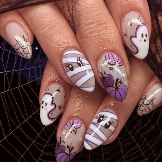 Halloween Press on Nails Short Oval Shaped Cute Ghost Pumpkin Mummy Pattern Design Halloween Nail Full Cover Artificial Acrylic False Nail French Spider Web Festival Stick on Nails for Women 24Pcs