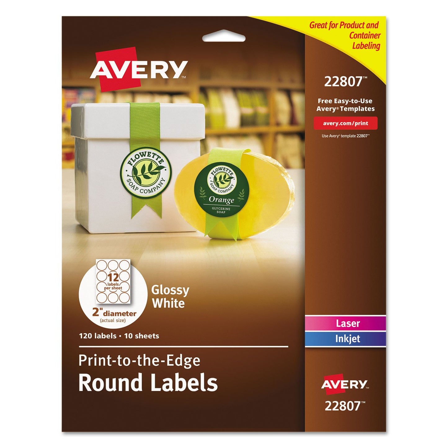 Avery Printable Round Labels, Sure Feed Technology, Glossy White Labels, 2" Diameter, Permanent Adhesive, Laser/Inkjet, 120 Total (22807)