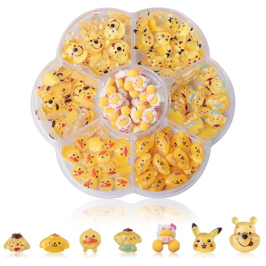 140 Pcs Kawaii 3D Flatback Cartoon Yellow Series Charms for Nail Acrylic Slime Resin DIY Nail Art Decorations, Hair Clips and Phone Cases
