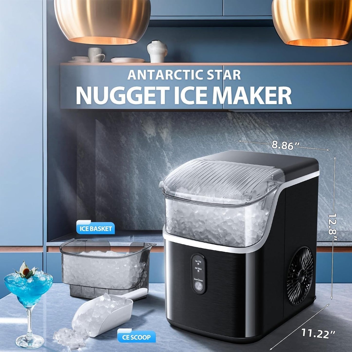 Antarctic Star Nugget Ice Maker Countertop, Chewable Nugget Ice Machine with One-Touch Operation, Self Cleaning, Fast Ice Making 34Lbs/24H, for Office/Home/Bar, Black