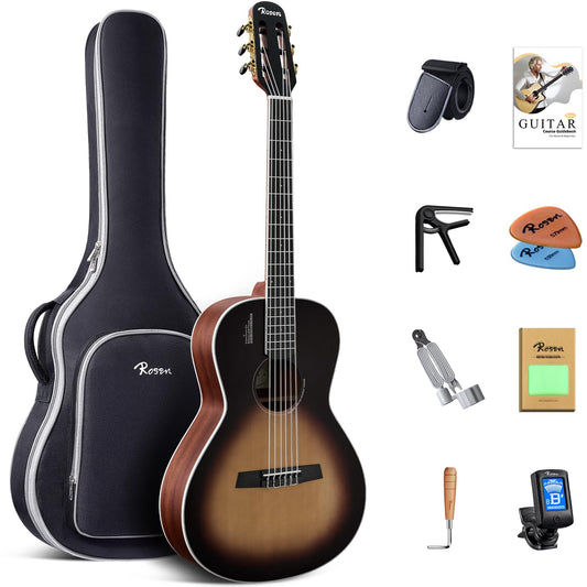 Rosen V1 Hybrid Acoustic Guitar for Beginners Adults Patented Body with Solid Spruce Top & Soft Touch Strings Thin Neck & Open Pore Matte 38 Inch,Black