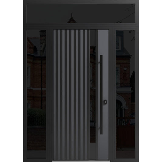 VDOMDOORS Front Exterior Prehung Steel Door/Ronex 0144 Grey / 2 Side and Top Exterior Window Sidelite/Entry Metal Modern Painted W16+36+16" x H80+16" Left Hand Inswing