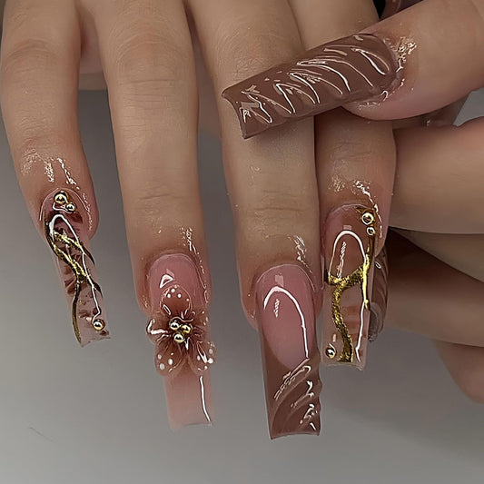 FIEONCIY Press on Nails Coffin Long Length Acrylic Glossy Full Cover Square Shaped French False Nails with Designs Artificial Extra Long Fake Nails with Charms Glue ons Fingernails for Women(DD1)