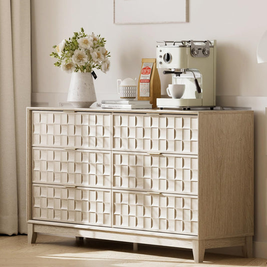 COLAMY Fluted Dresser, Modern Wooden 6 Drawer Dresser 55”, Side Board Buffet Storage Cabinet, Accent Cabinet with Metal Handles for Bedroom, Entryway, Hallway, Oak