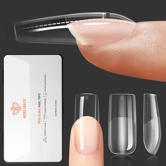 modelones Pro Luxe Instant Nail Apex Tips 15 Sizes, Medium Square Extension Gel Tips Pre-building & Pre-etched Thicker Strength Acrylic Fake Nails Full Cover 240 Pcs