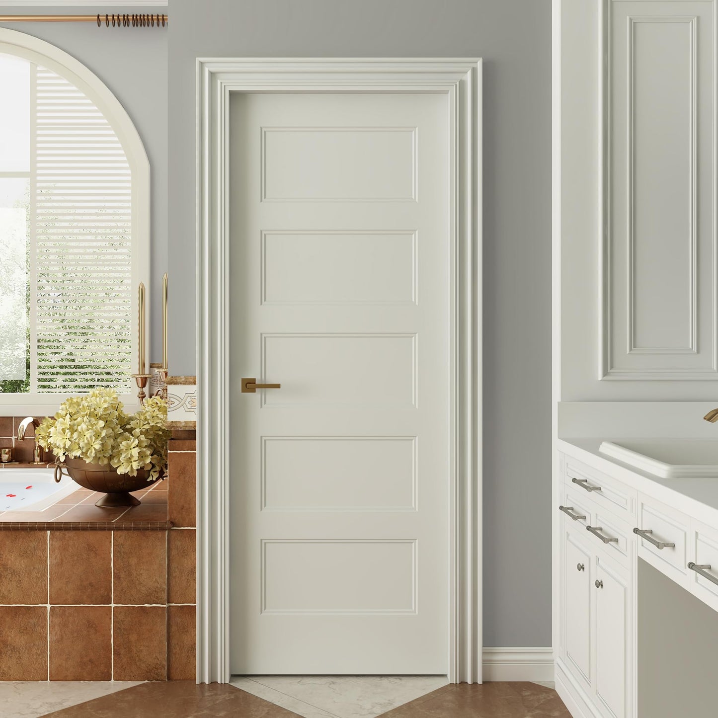 JUBEST 24"x80" 5-Panel Shaker Style White Primed Hollow Core Interior Molded Door Slab, NOT Pre-drilled and NOT Included Hardware, Pre-Assembled Interior Door for Pantry, Laundry, Closet