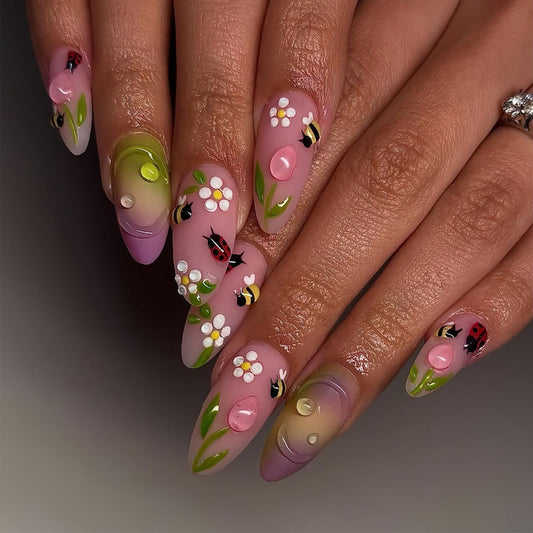 24 Pcs Flower Press on Nails Medium Almond Pink Fake Nails with 3D Ladybug Water Droplet False Nails Cute Bee Nail Press ons Glossy Glue on Nails Cute Stick on Nails for Women
