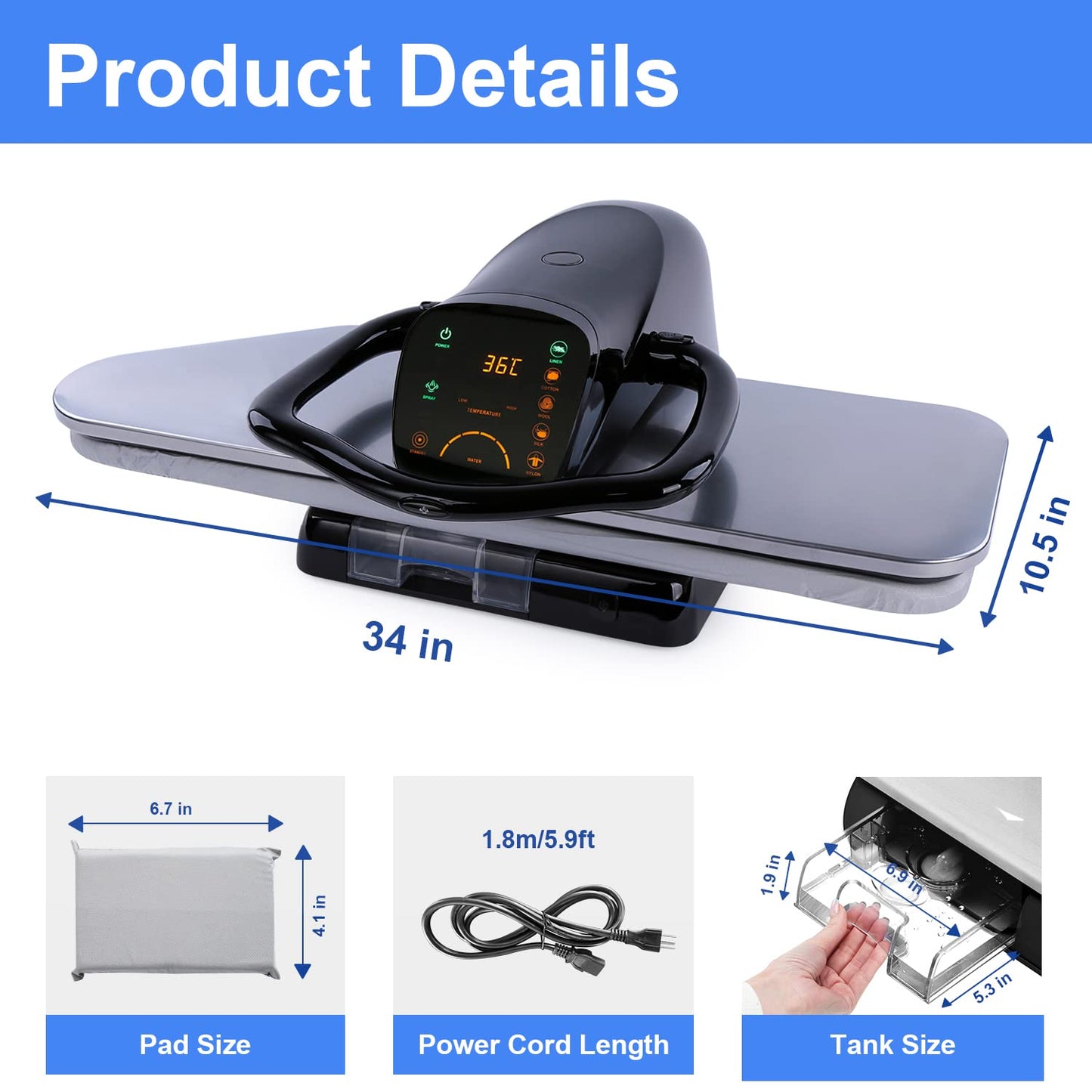 34" Large Steam Iron Press with LED Touch Screen, 1800W Steam Press with 5 Fabric Settings Language Conversion and Voice Prompts, Iron Press with Spray Bottle and Press Pad for Home Business