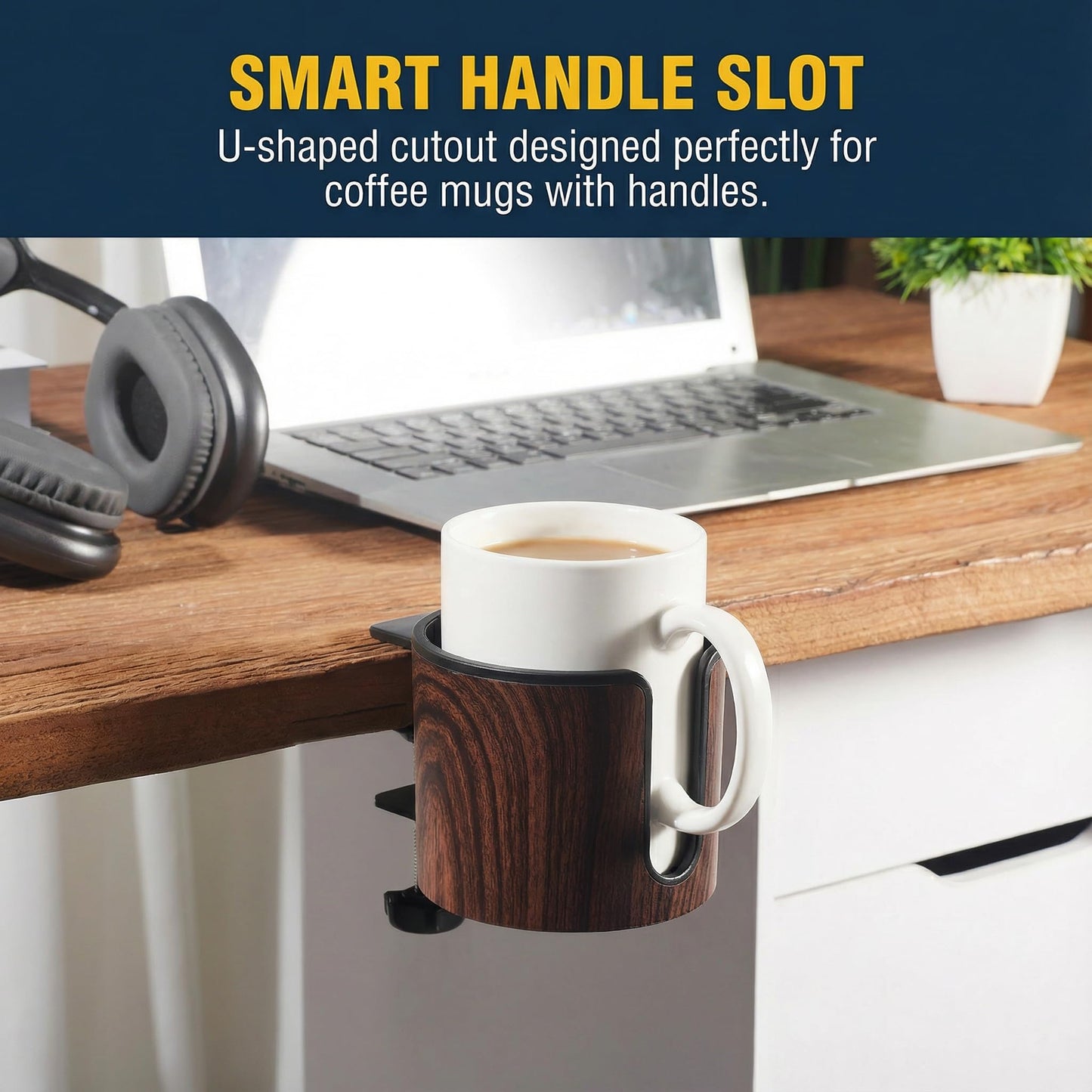 cowinational Luxury 2pcs Desk Cup Holder, Tool-Free Clamp On Desk Cup Holder, Fits 40oz Tumbler Holder & 0.2-2in Thick Desks, Anti-Spill for Office, Home, Gaming (2PCS Walnut Design)