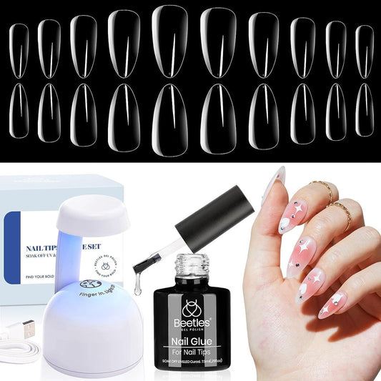 Beetles Gel Nail Kit Clear, Almond Medium, 500pcs 10 Sizes, with 9 in 1 Glue Mini Nail Lamp, Fall Nails, Full Cover Easy Nail Extension Set for Home DIY Salon Gift for Girls