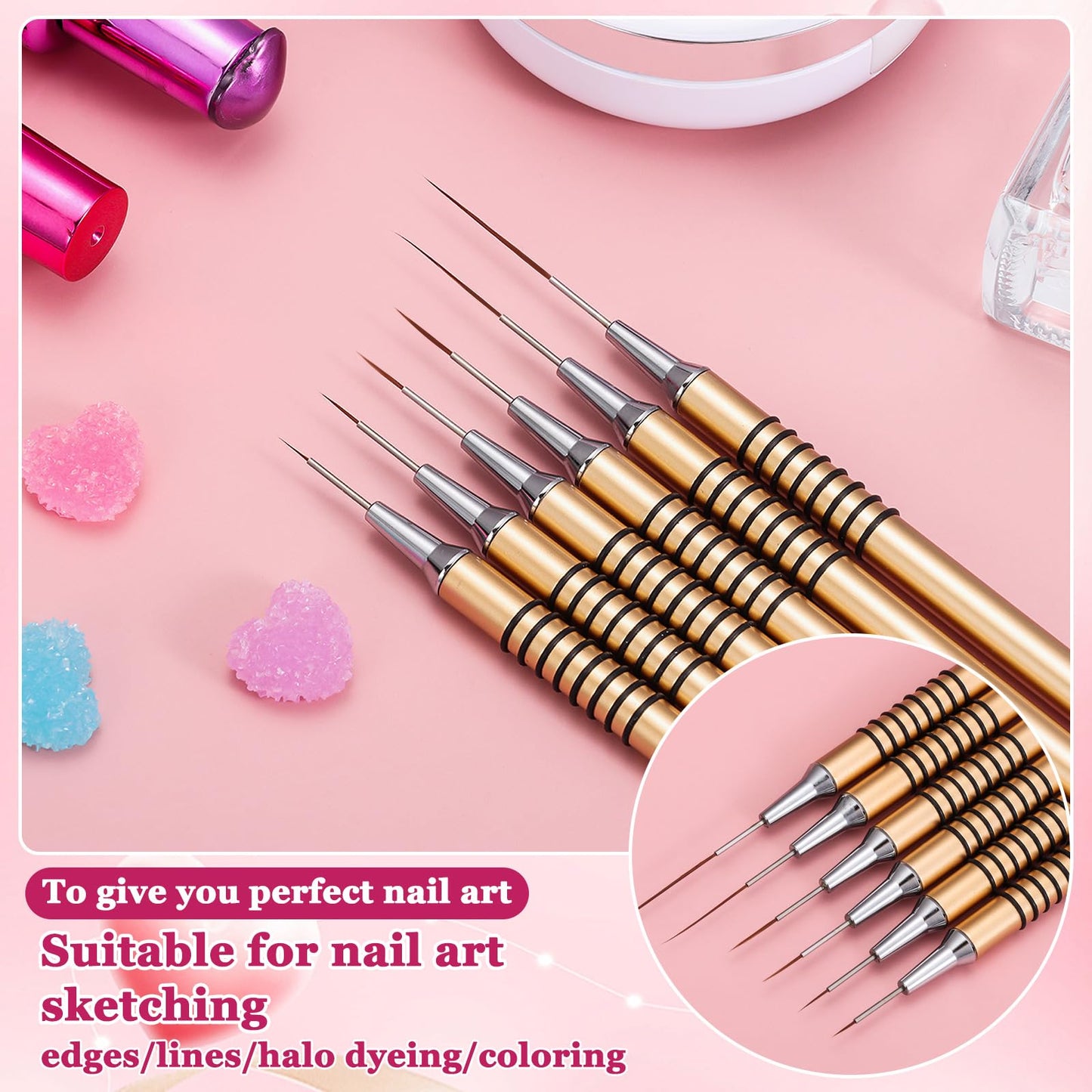 INENK 2PCS Round&Angled Nail Art Clean Up Brushes for OPI Nail Polish Remover + 6PCS Gold Nail Liner Brushes for Detail Painting Design Fine Lines Drawing, 5/7/9/11/15/25mm
