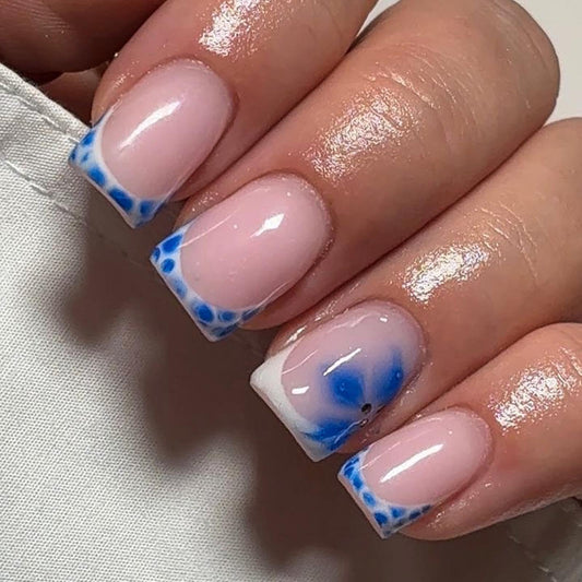 Blue French Tip Press on Nails Short Square Fake Nails with Flower Designs Summer Nails Press ons Glossy Glue on Nails White False Nails Spring Stick on Nails for Women 24Pcs